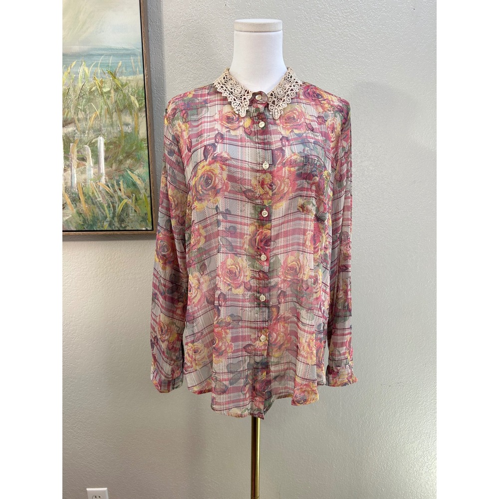 American Rag XL Floral Plaid Sheer Blouse Crochet Lace Collar Pink Button Down